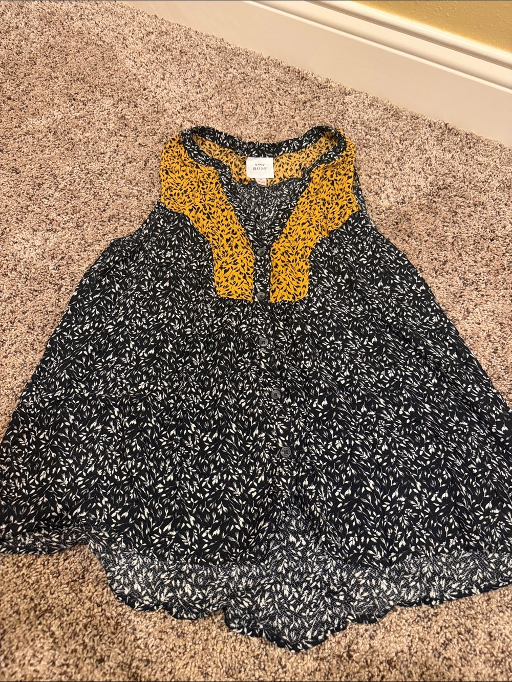 Knox Rose Black & White Leaf Print Tunic with Mustard Yoke
